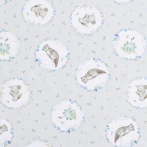 popeline di cotone Animali in un cerchio di fiori stampa digitale – grigio argento/bianco, 