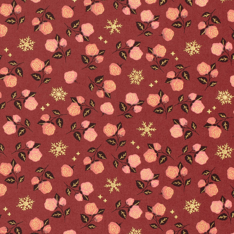 tessuto in cotone popeline Rose classiche – rosso scuro/oro,  image number 1