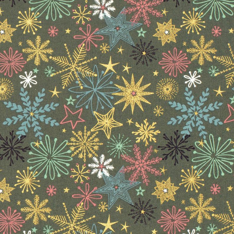 tessuto in cotone popeline Mix di stelle – pino scuro/oro, image number 1