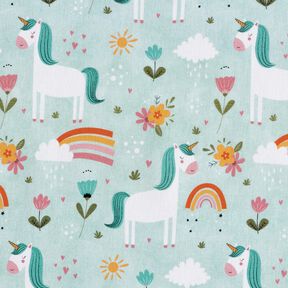 popeline di cotone Unicorno nel mondo arcobaleno stampa digitale – blu ghiaccio, 