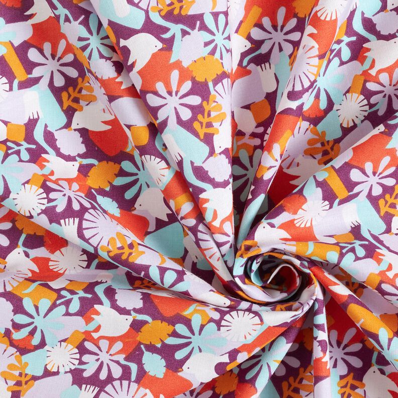tessuto in cotone cretonne Uccelli e fiori – uva/violetto pastello, image number 3