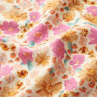 tessuto in cotone stretch, fiori acquerello – bianco lana, 