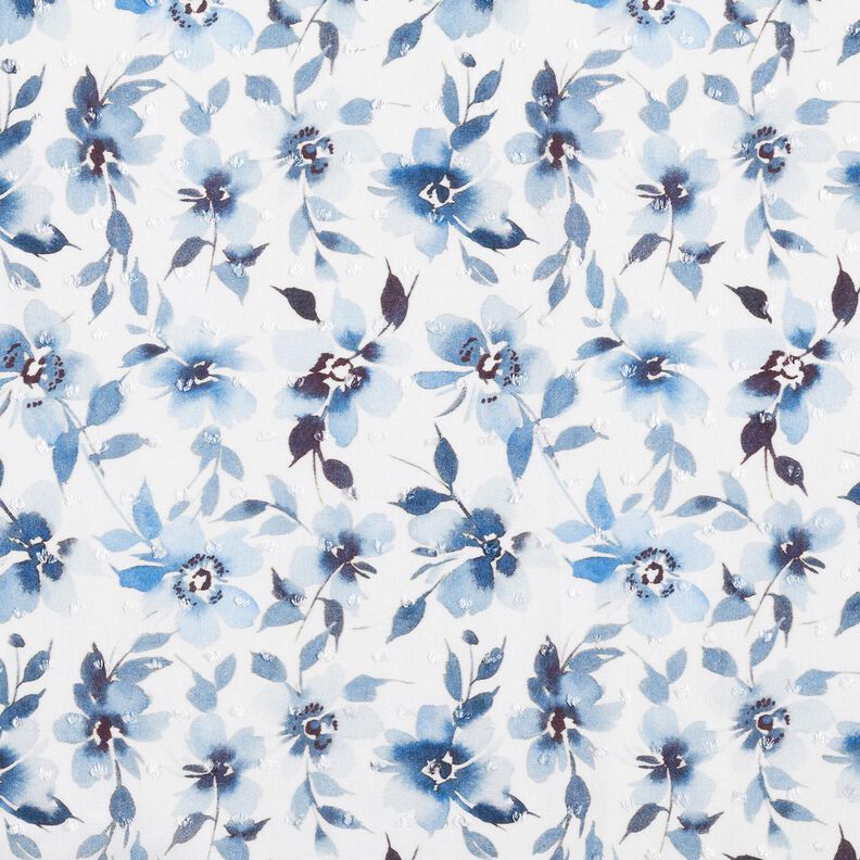 Tessuto in viscosa Dobby con stampa digitale di fiori ad acquerello – avorio/blu jeans chiaro,  image number 1