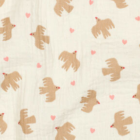 GOTS mussolina / tessuto doppio increspato Uccelli e cuori | Poppy Fabrics – bianco lana, 