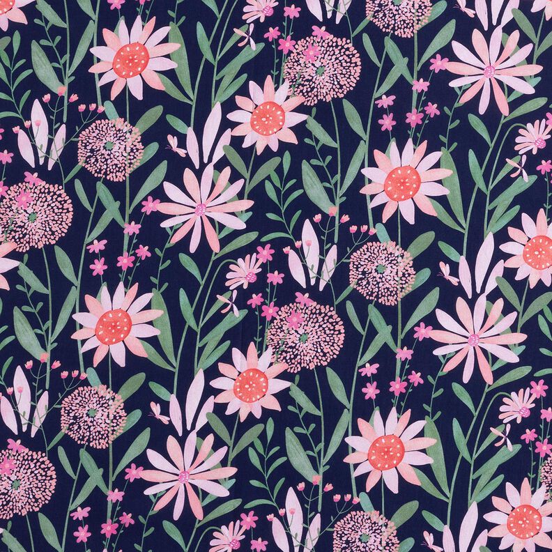 popeline di cotone Grandi fiori di prato stampa digitale | Poppy Fabrics – blu notte,  image number 1