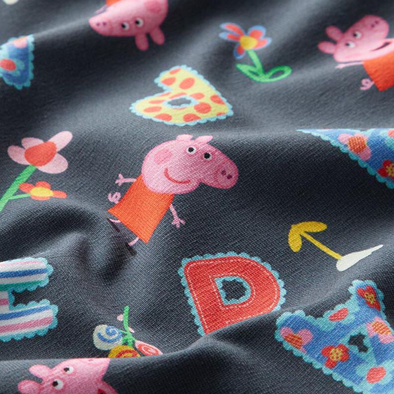 jersey di cotone Tessuto oggetto di licenza Peppa Pig, lettere dell’alfabeto e fiori | ABC Ltd. –,  image number 2