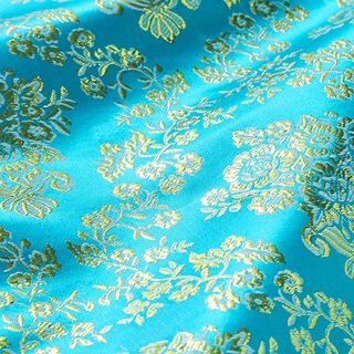 jacquard abbigliamento, fiori effetto metallizzato – turchese/oro, 