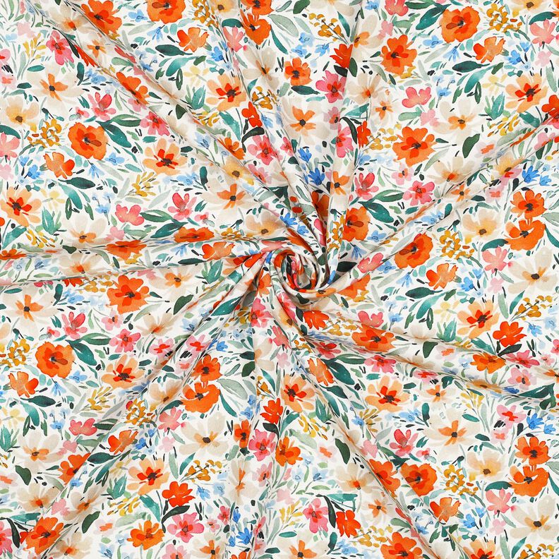 Tessuto di viscosa Prato fiorito in stampa digitale – bianco/arancione,  image number 3
