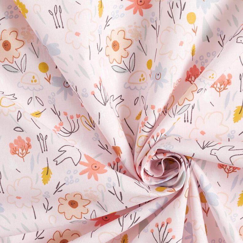 tessuto in cotone Prato fiorito con uccelli – rosé,  image number 3
