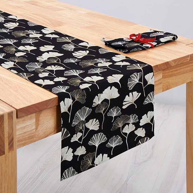 tessuto arredo Jacquard foglie di ginkgo – nero/oro,  image number 10