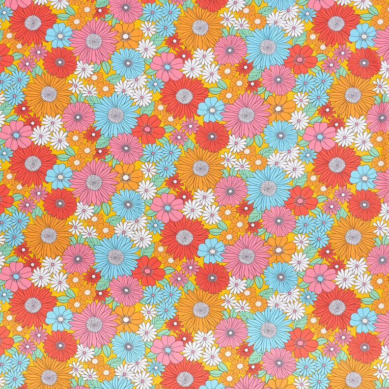 tessuto in cotone cretonne Grandi fiori retrò – turchese/giallo sole,  image number 1