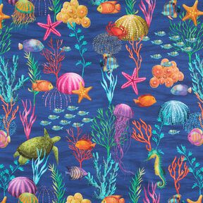 tessuto arredo mezzo panama Colorato mondo sottomarino – blu marino/turchese, 