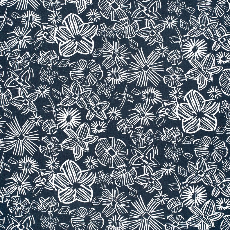 misto lino viscosa Fiori disegnati – blu notte/bianco,  image number 1