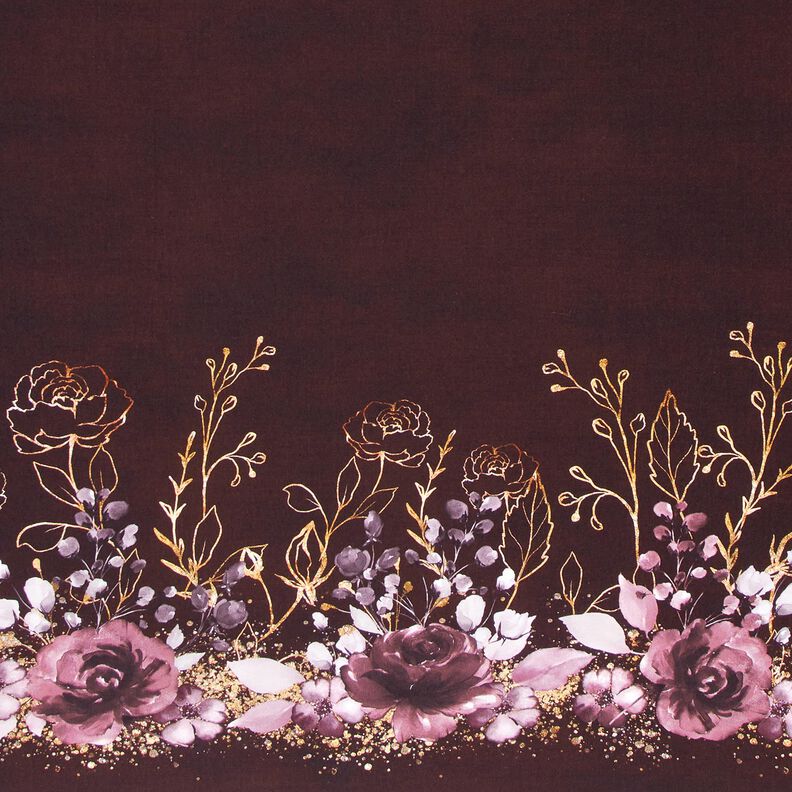 jersey di cotone tessuto con bordura Fiori iglitterati in oro | Glitzerpüppi – rosso Bordeaux/lillà,  image number 1