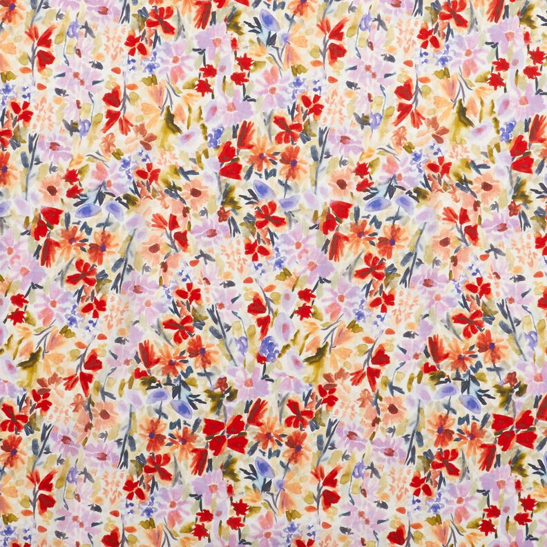 Voile di cotone con stampa digitale ad acquerello prato fiorito – avorio/rosso,  image number 1