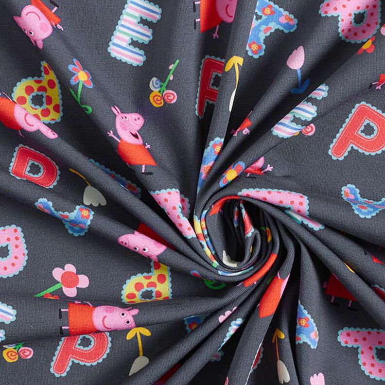 jersey di cotone Tessuto oggetto di licenza Peppa Pig, lettere dell’alfabeto e fiori | ABC Ltd. –,  image number 3