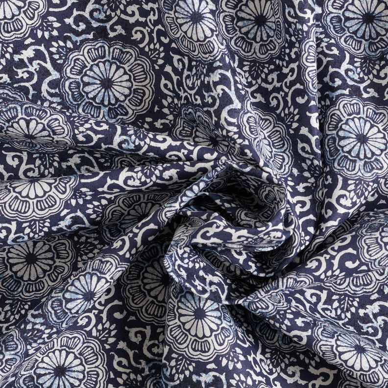 tessuto in cotone cretonne Mandala floreale – bianco/blu notte,  image number 3