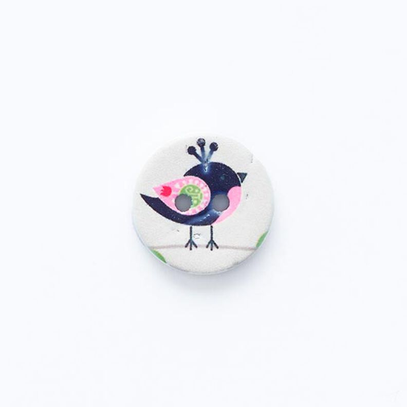 bottone con uccellino, 2 fori [ Ø 15 mm ] – bianco lana/nero,  image number 1