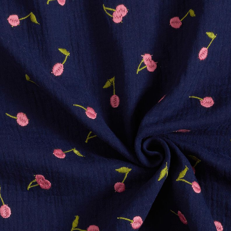 mussolina / tessuto doppio increspato Ciliegie ricamate | Poppy Fabrics – blu notte/rosa,  image number 3