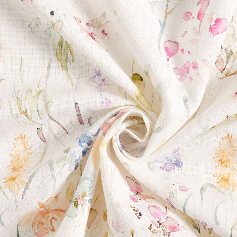 Misto lino-cotone con fiori acquarellati – bianco,  image number 4