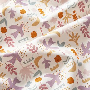 tessuto in cotone cretonne Uccelli astratti – bianco lana/violetto pastello, 