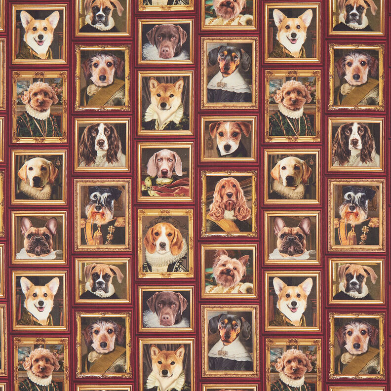 tessuto arredo mezzo panama Ritratti di cani – rosso carminio/oro,  image number 1