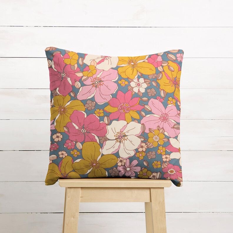 tessuto in cotone cretonne Grande trionfo di fiori – grigio blu/pink,  image number 6