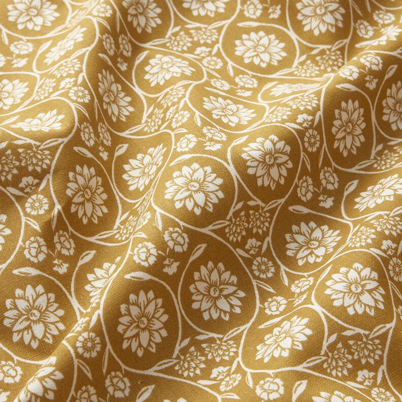 tessuto in cotone cretonne Fiori e tralci – senape/bianco,  image number 2