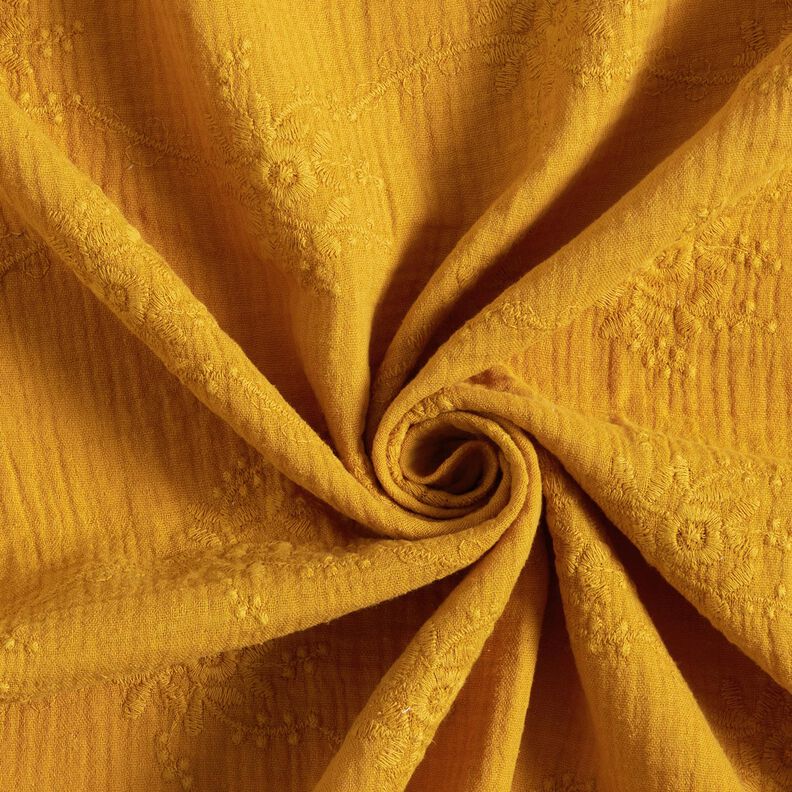 mussolina / tessuto doppio increspato Tralci di fiori tono su tono – giallo curry,  image number 3