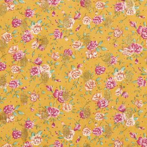 Chiffon a fiori crêpe e pois dorati – giallo curry, 