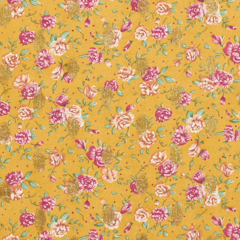 Chiffon a fiori crêpe e pois dorati – giallo curry,  image number 1