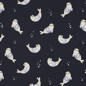GOTS jersey di cotone Foche stampa digitale | Poppy Fabrics – blu notte/anemone, 