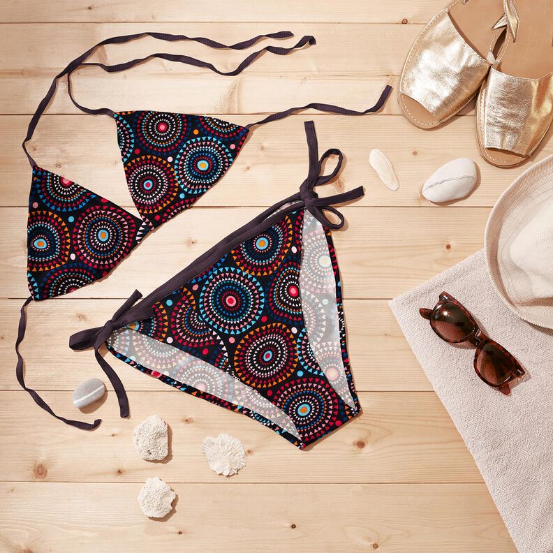 tessuto per costumi da bagno mandala – nero-azzurro/rosso fuoco,  image number 7