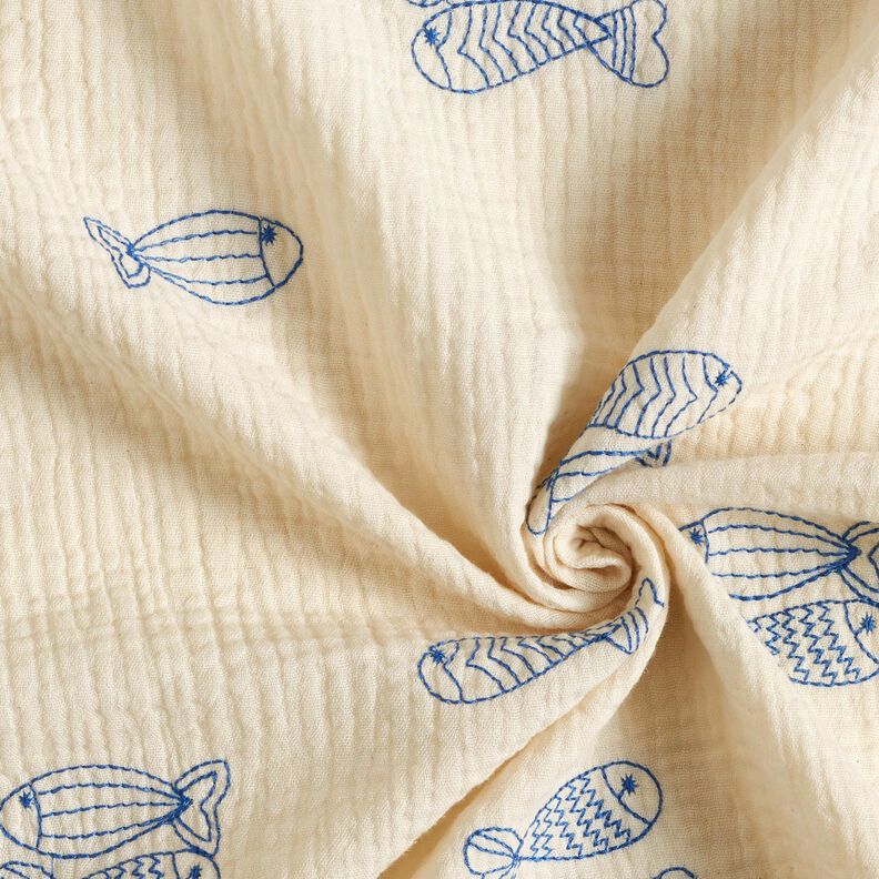 mussolina / tessuto doppio increspato Pesci ricamati | Poppy Fabrics – bianco lana/blu reale,  image number 3
