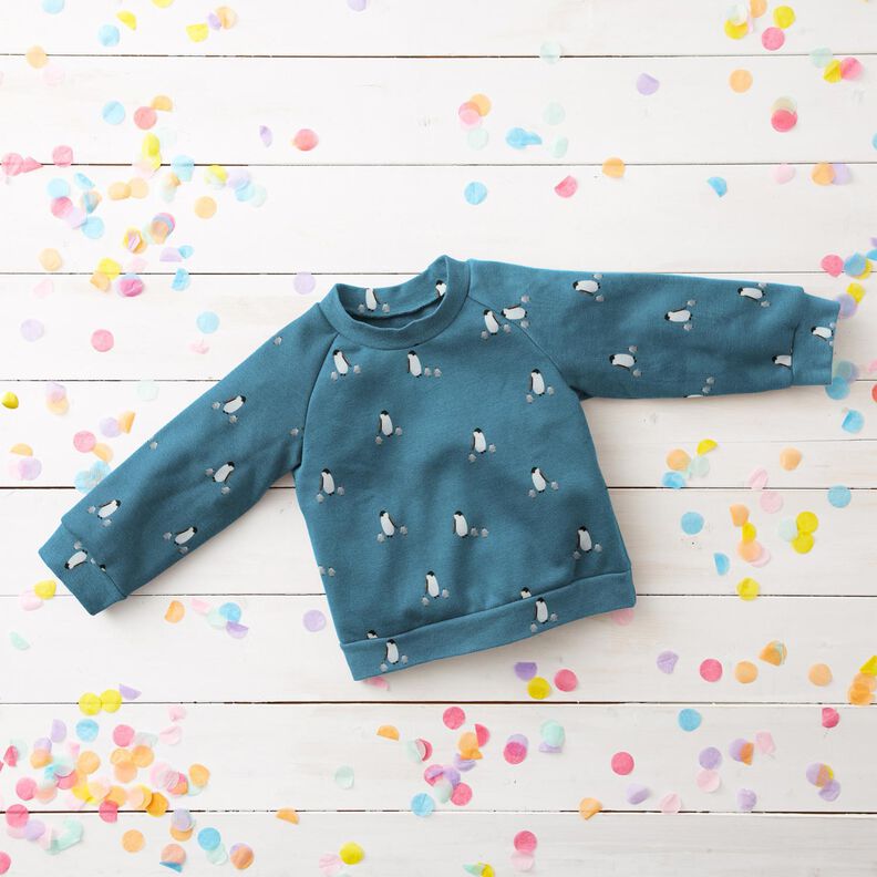GOTS French terry, felpa estiva Famiglia dei pinguini stampa digitale – colore blu jeans,  image number 6