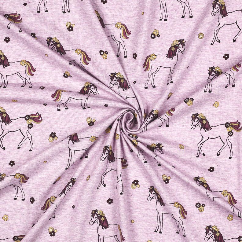 jersey di cotone cavallo e fiori glitterati | Poppy Fabrics – violetto pastello/oro, image number 3