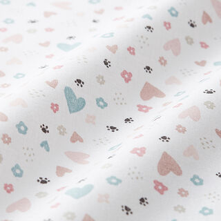 popeline di cotone cuori, zampe e fiori – bianco lana, 