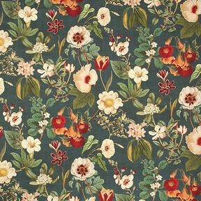 Tessuto arredo canvas Fiori nostalgici – verde scuro, 