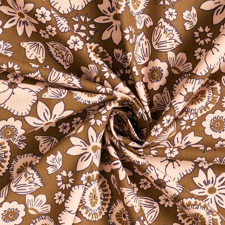 tessuto in cotone cretonne Fiori retrò – verde oliva/rosé, image number 3