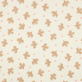 GOTS mussolina / tessuto doppio increspato Uccelli e cuori | Poppy Fabrics – bianco lana, 