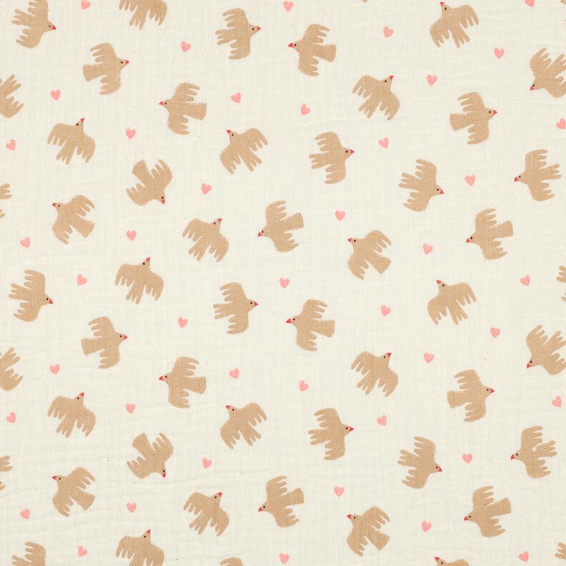 GOTS mussolina / tessuto doppio increspato Uccelli e cuori | Poppy Fabrics – bianco lana, image number 1