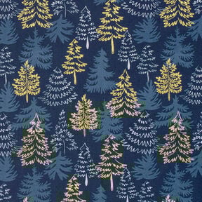 tessuto in cotone popeline Delicati abeti – blu notte/oro, 