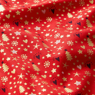 tessuto in cotone popeline Cuori e stelle – rosso/oro, 