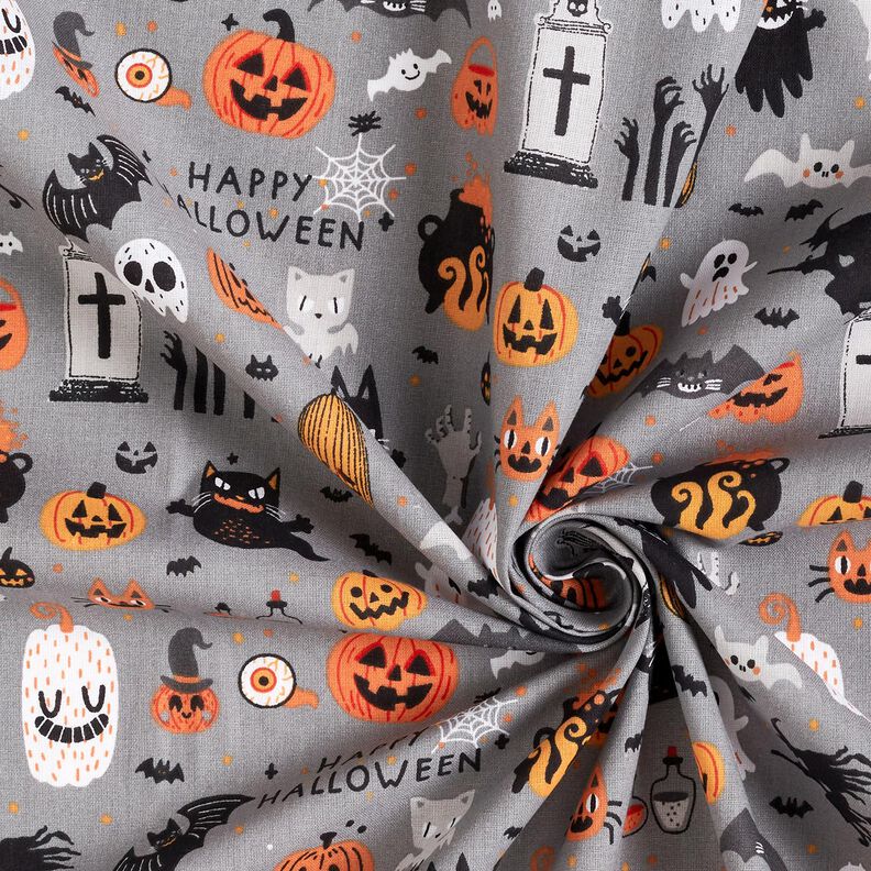 tessuto in cotone popeline Happy Halloween – grigio elefante/arancio chiaro, image number 3