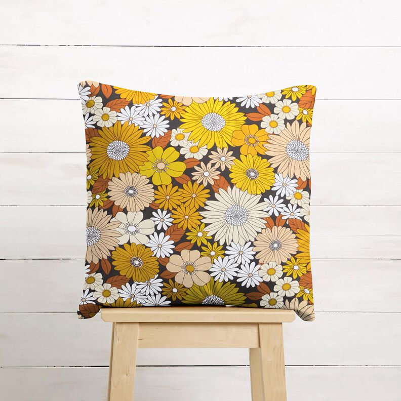 tessuto in cotone cretonne Grandi fiori retrò – nero/giallo sole,  image number 7