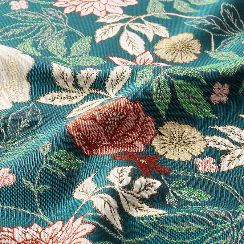 tessuto arredo Jacquard Fiori d'epoca – petrolio/rosso scuro,  image number 2