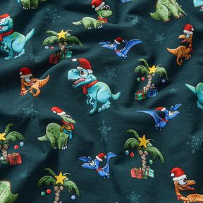 French terry, felpa estiva Dinosauri di Natale sotto le palme | Glitzerpüppi – petrolio/verde chiaro, 