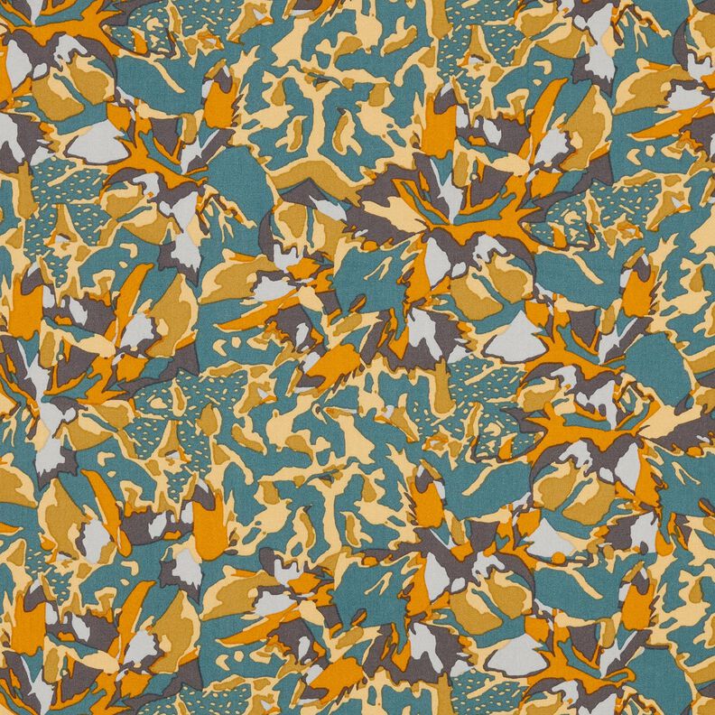 Tessuto di viscosa mare astratto di fiori – abete blu/giallo curry,  image number 1