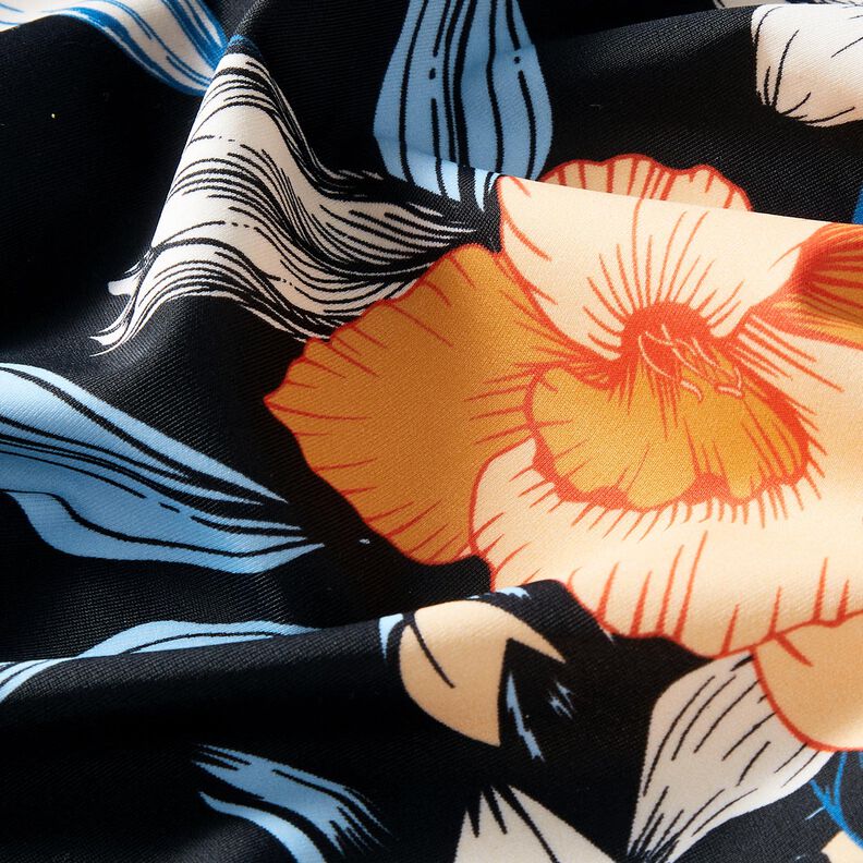 tessuto per costumi da bagno Grandi fiori di ibisco – nero-azzurro/albicocca,  image number 2