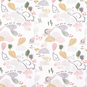 tessuto in cotone cretonne paesaggio con elefanti – bianco, 